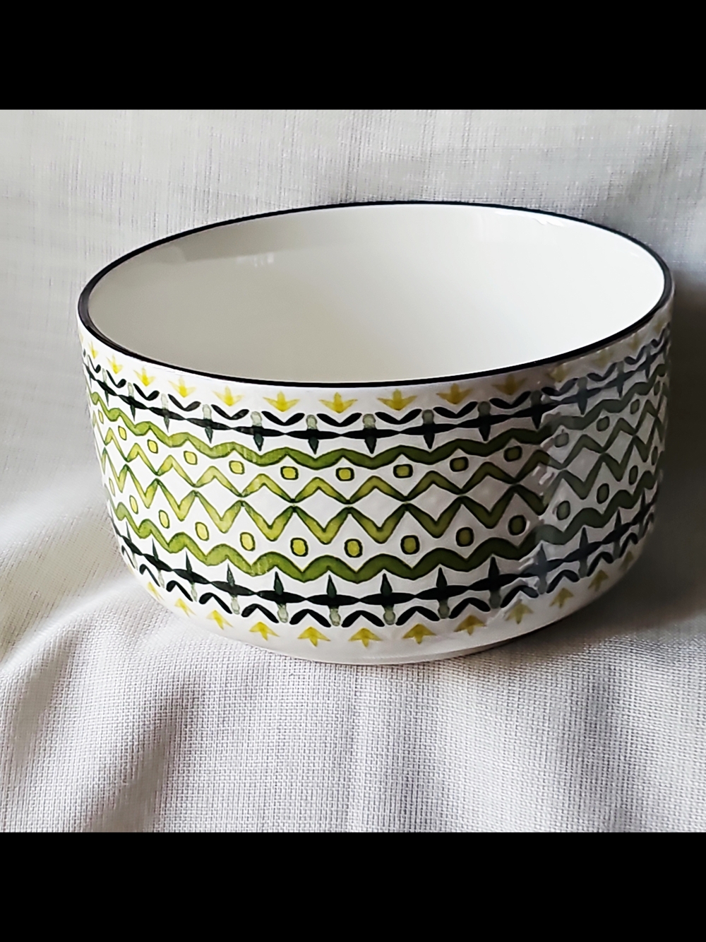 Large Ceramic Serving Bowl With Green & Yellow Pattern